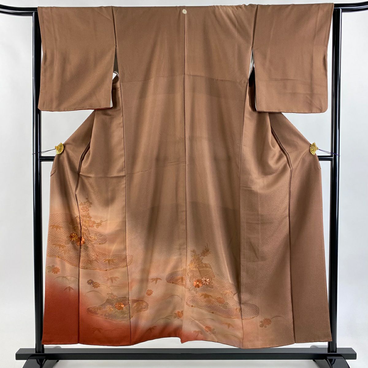 訪問服 身長151.5cm 袖長64.5cm M 雙層 家屋 草花紋紋 刺繡 漸層 紅茶 純蠶絲 秀品級 一つ紋