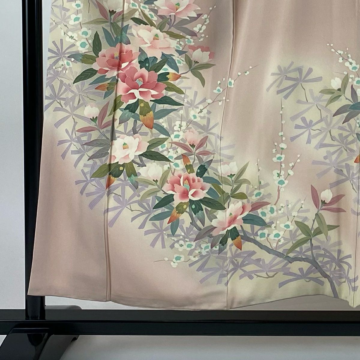 訪問服 身長154.5cm 袖長65cm M 雙層 落款有 椿 松樹梅花 漸層 淺粉色 純蠶絲 優品級