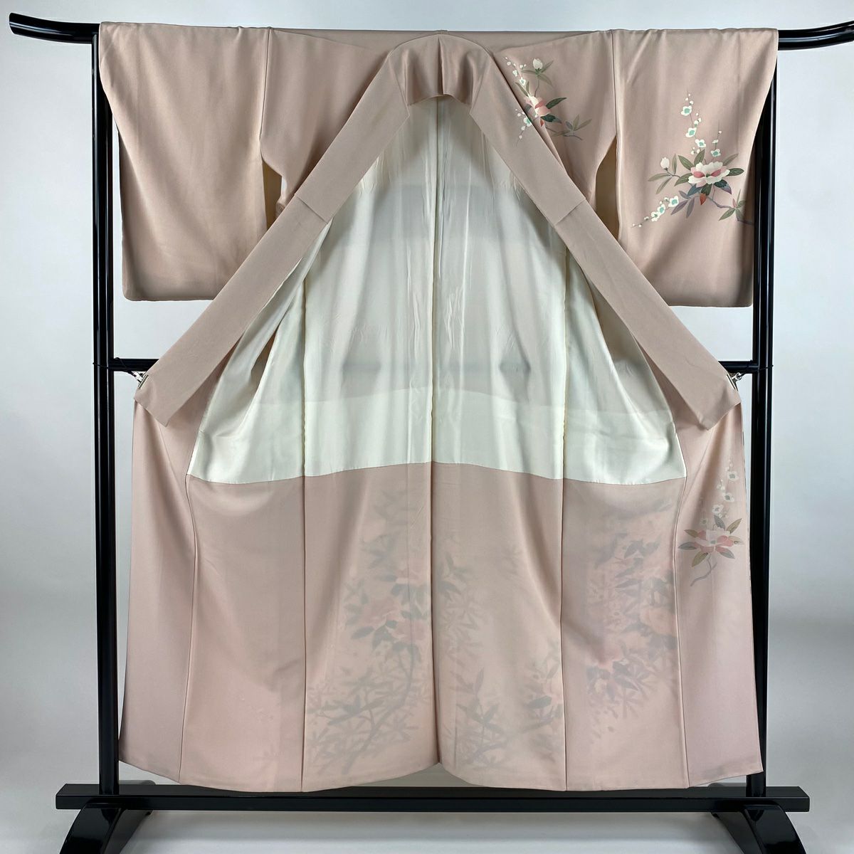 訪問服 身長154.5cm 袖長65cm M 雙層 落款有 椿 松樹梅花 漸層 淺粉色 純蠶絲 優品級