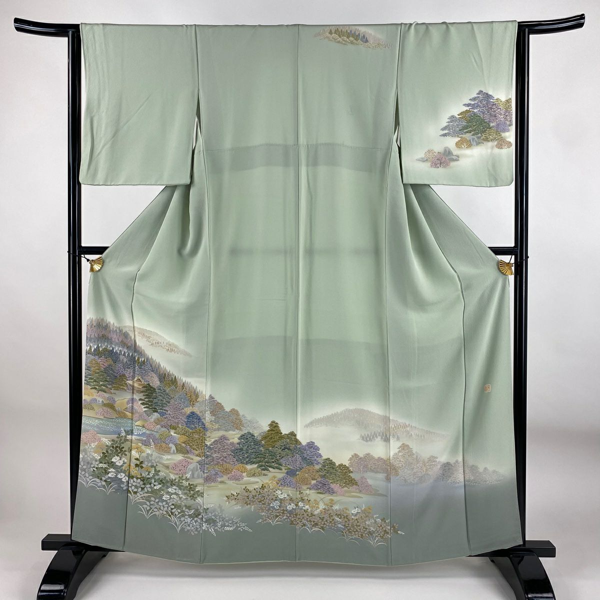 訪問服 身長160.5cm 袖長64cm M 雙層 落款あり 樹木 建物 漸變 薄綠 純蠶絲 秀品級