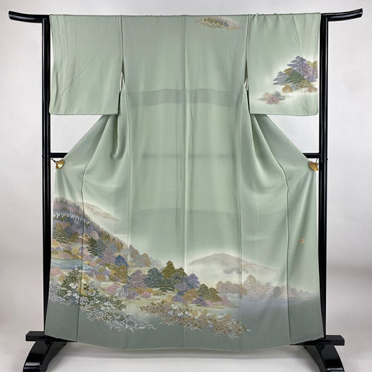 訪問服 身長160.5cm 袖長64cm M 雙層 落款あり 樹木 建物 漸變 薄綠 純蠶絲 秀品級