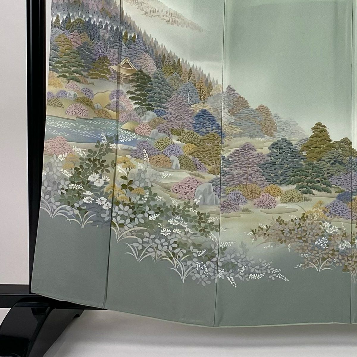 訪問服 身長160.5cm 袖長64cm M 雙層 落款あり 樹木 建物 漸變 薄綠 純蠶絲 秀品級
