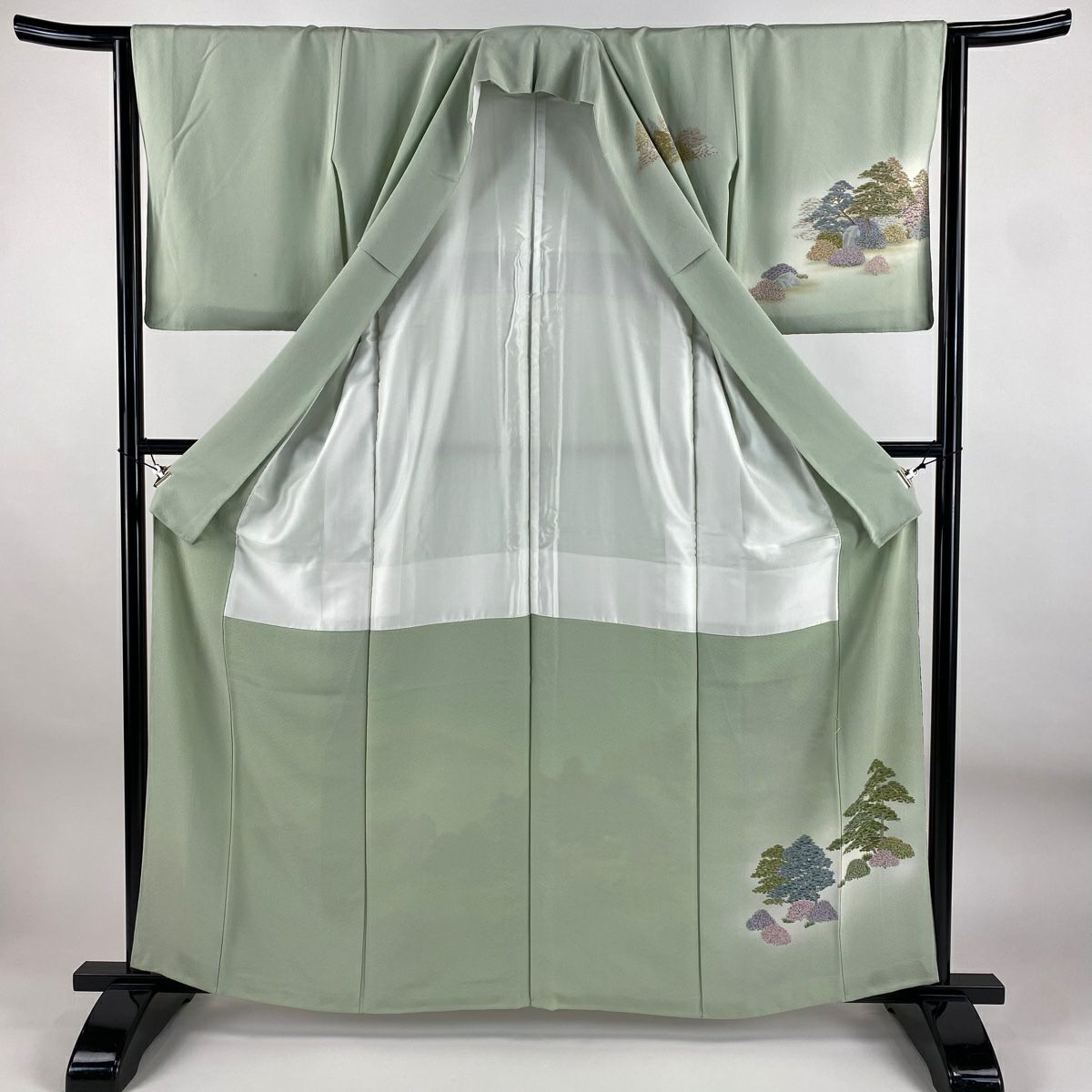 訪問服 身長160.5cm 袖長64cm M 雙層 落款あり 樹木 建物 漸變 薄綠 純蠶絲 秀品級
