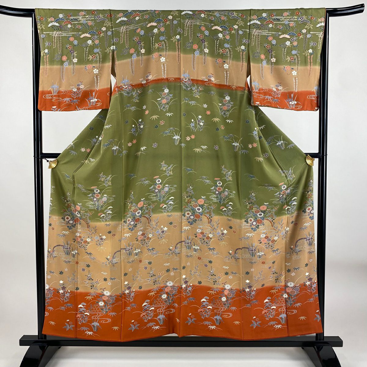 訪問服 身長155.5cm 袖長65.5cm M 雙層 秋草 流水 金銀彩 染分 よもぎ 純蠶絲 秀品級