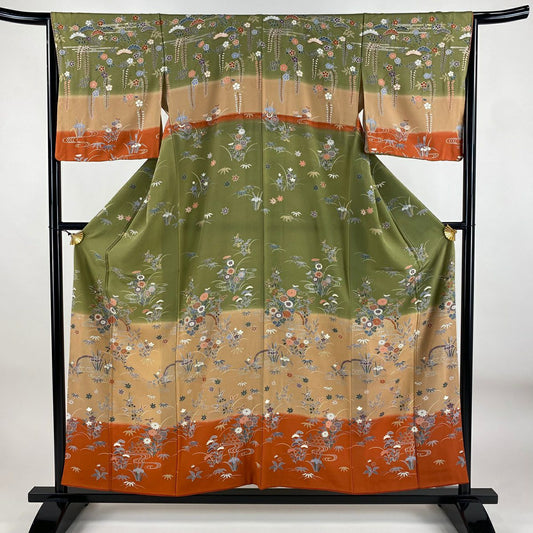 訪問服 身長155.5cm 袖長65.5cm M 雙層 秋草 流水 金銀彩 染分 よもぎ 純蠶絲 秀品級