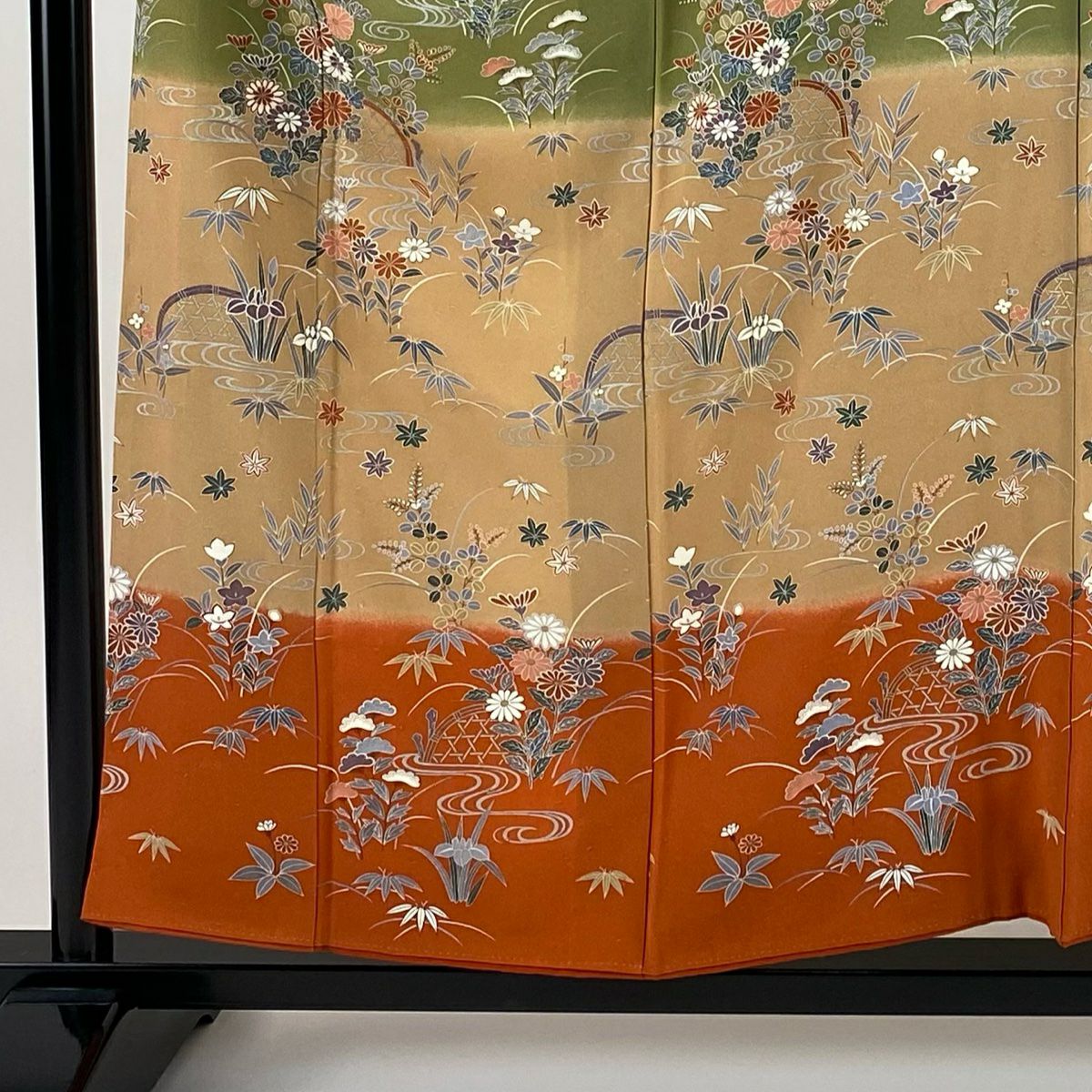 訪問服 身長155.5cm 袖長65.5cm M 雙層 秋草 流水 金銀彩 染分 よもぎ 純蠶絲 秀品級