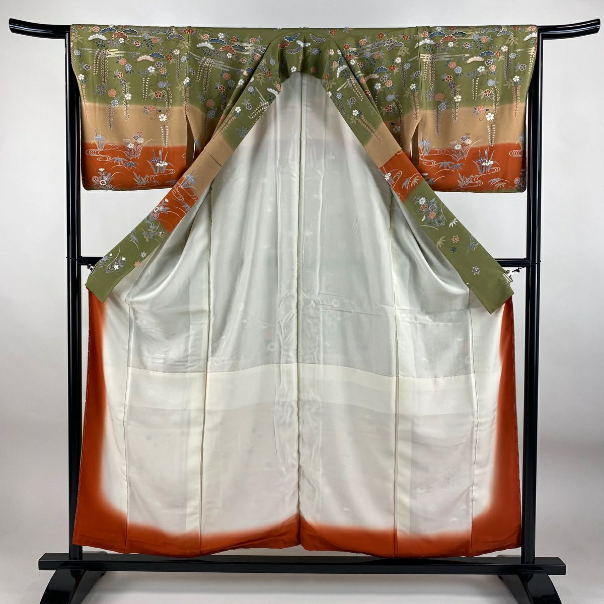 訪問服 身長155.5cm 袖長65.5cm M 雙層 秋草 流水 金銀彩 染分 よもぎ 純蠶絲 秀品級