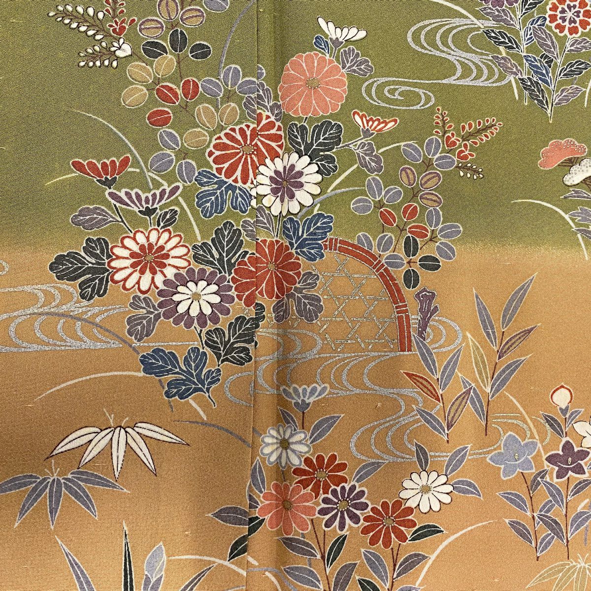 訪問服 身長155.5cm 袖長65.5cm M 雙層 秋草 流水 金銀彩 染分 よもぎ 純蠶絲 秀品級