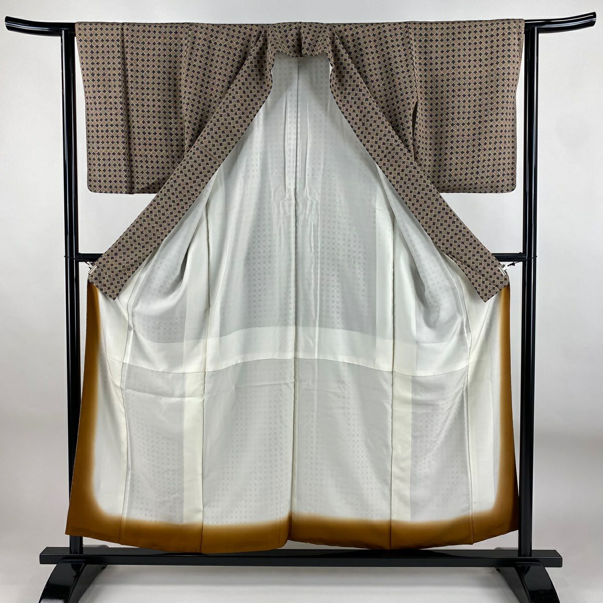 【美品】 小紋 身長156.5cm 袖長63cm S 雙層 花紋 幾何圖案 灰茶 純蠶絲 優品級