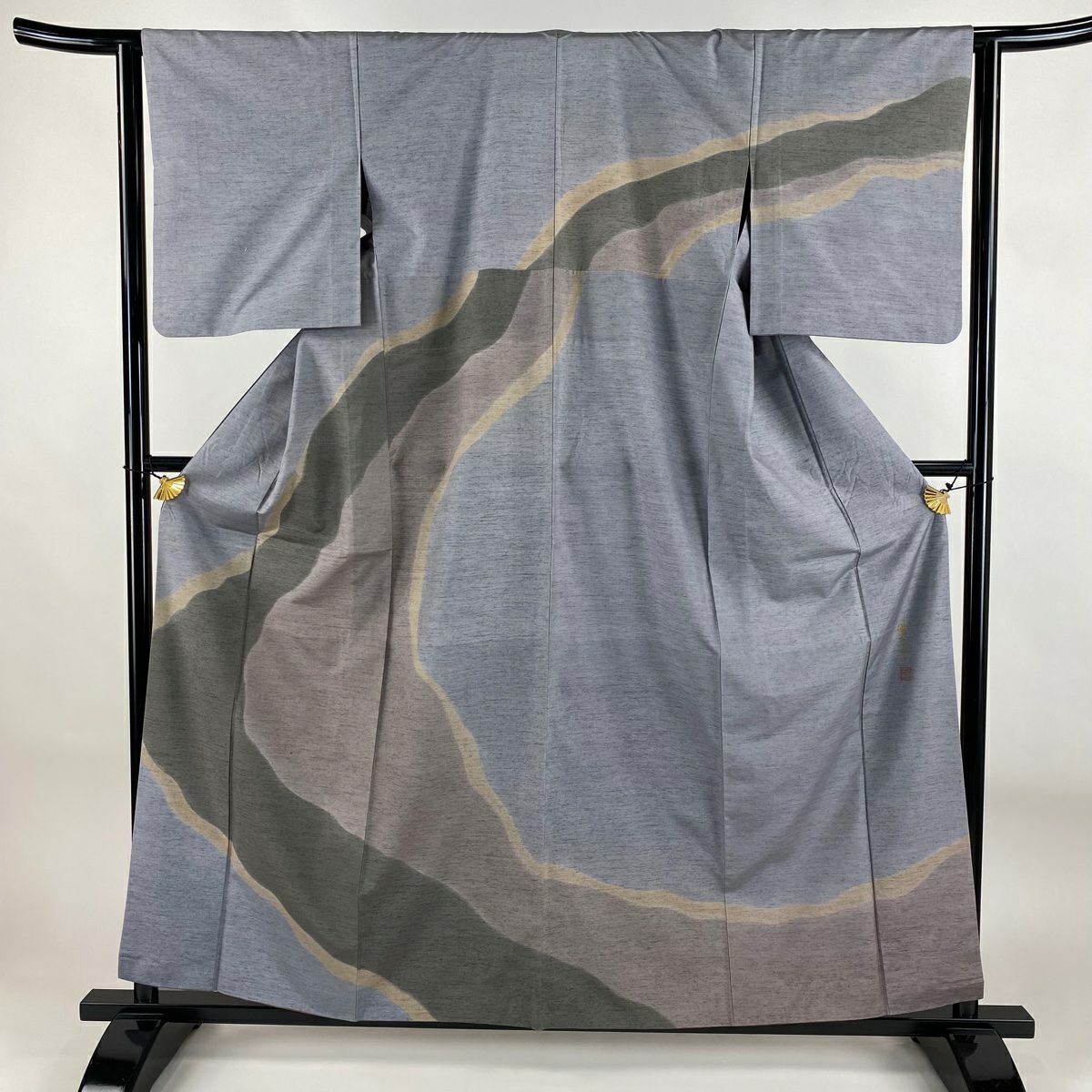 訪問服 身長160cm 袖長63cm S 雙層 胴抜 落款あり 霞 染分 青灰色 純蠶絲 秀品級