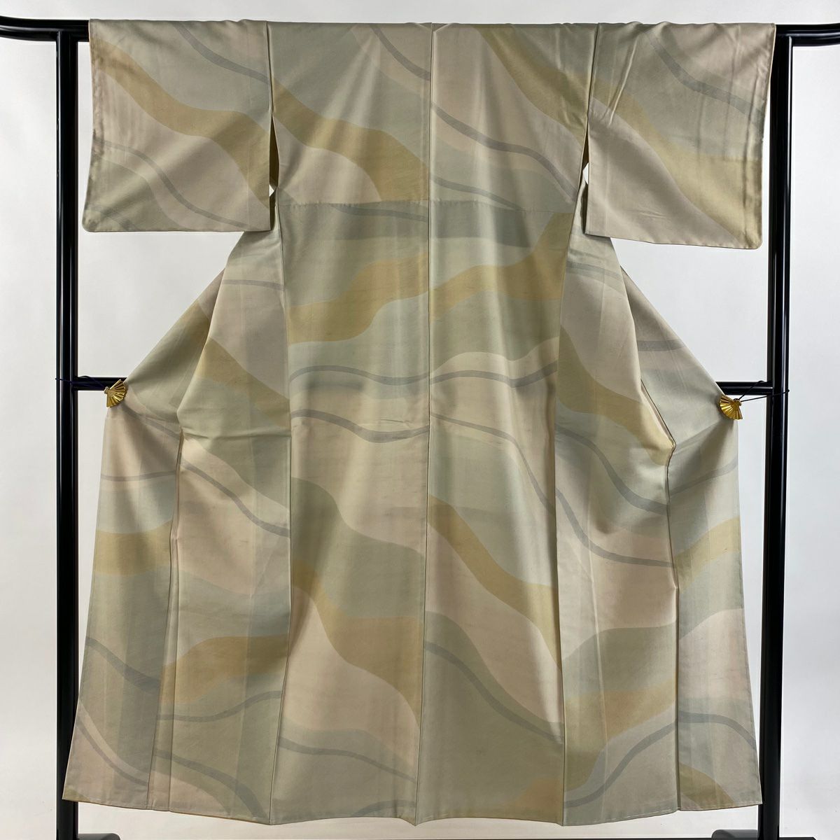 【美品】 小紋 身長152.5cm 袖長62cm S 雙層 紬織織 幾何學 米色 純蠶絲 優品級