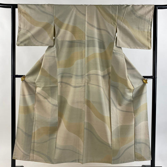 【美品】 小紋 身長152.5cm 袖長62cm S 雙層 紬織織 幾何學 米色 純蠶絲 優品級