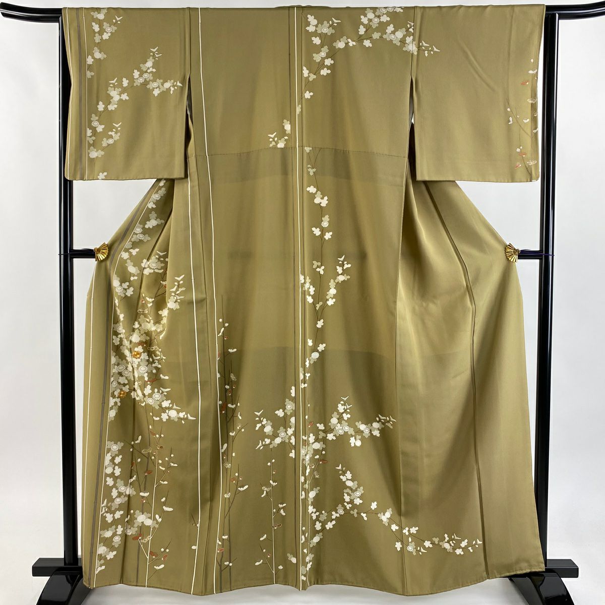 訪問服 身長161cm 袖長64.5cm M 雙層 枝梅花 菊花 金銀彩 金絲 茶綠 純蠶絲 秀品級