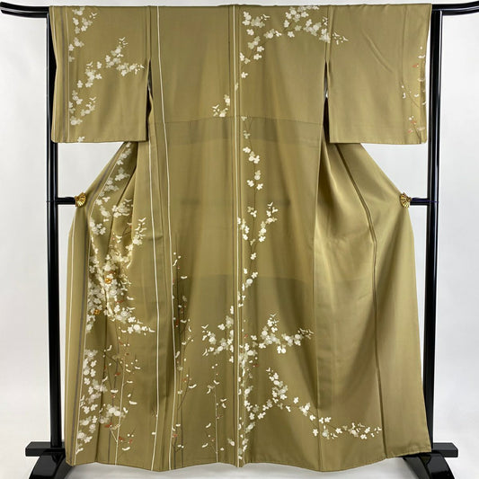訪問服 身長161cm 袖長64.5cm M 雙層 枝梅花 菊花 金銀彩 金絲 茶綠 純蠶絲 秀品級