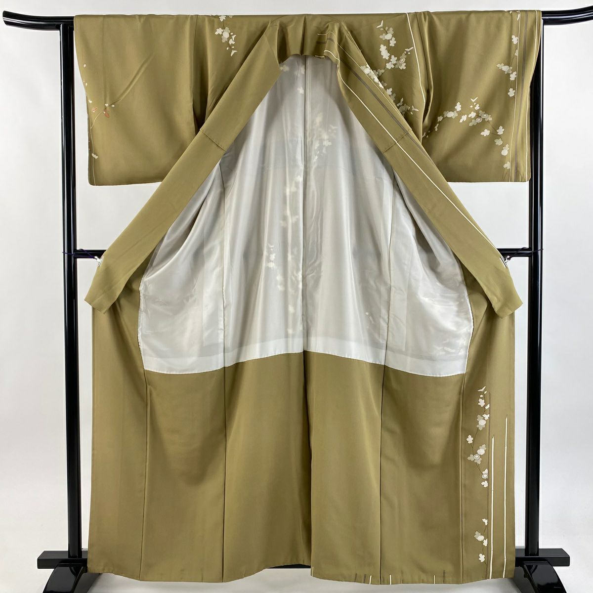 訪問服 身長161cm 袖長64.5cm M 雙層 枝梅花 菊花 金銀彩 金絲 茶綠 純蠶絲 秀品級