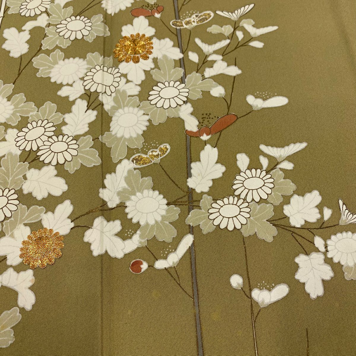 訪問服 身長161cm 袖長64.5cm M 雙層 枝梅花 菊花 金銀彩 金絲 茶綠 純蠶絲 秀品級