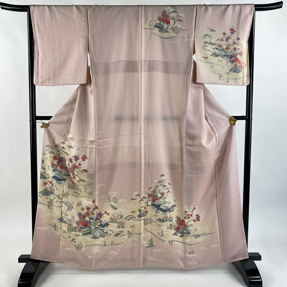 【美品】訪問服 身長163cm 袖長66cm M 雙層 家屋 松樹竹子梅花 染分 逐漸淡化 淺粉色 純蠶絲 優品級