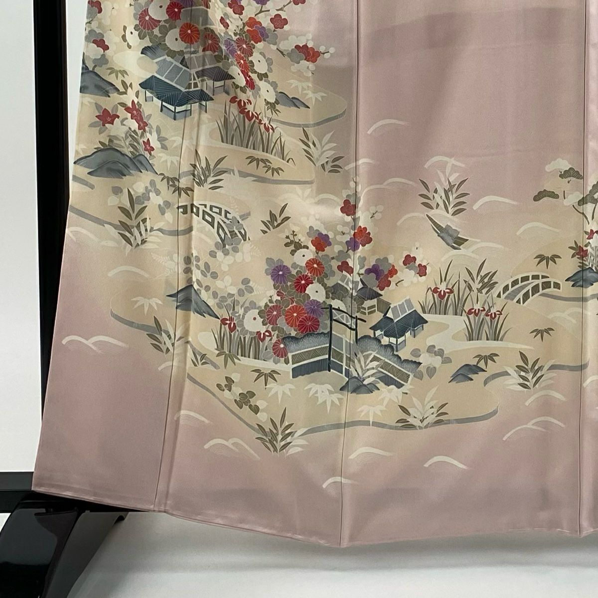 【美品】訪問服 身長163cm 袖長66cm M 雙層 家屋 松樹竹子梅花 染分 逐漸淡化 淺粉色 純蠶絲 優品級