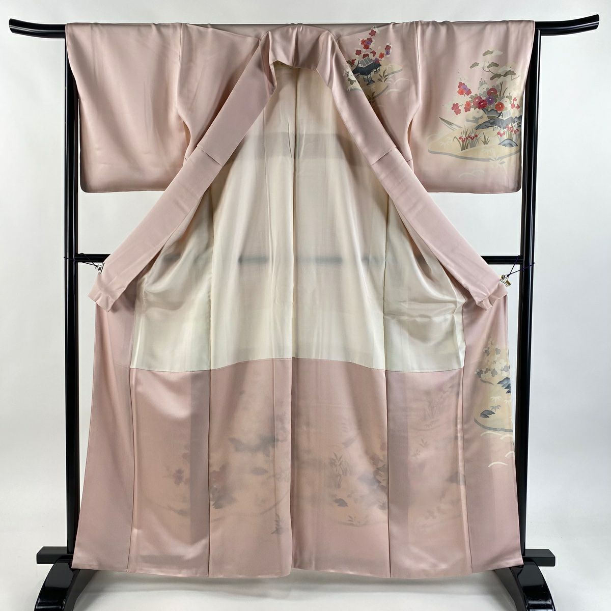 【美品】訪問服 身長163cm 袖長66cm M 雙層 家屋 松樹竹子梅花 染分 逐漸淡化 淺粉色 純蠶絲 優品級