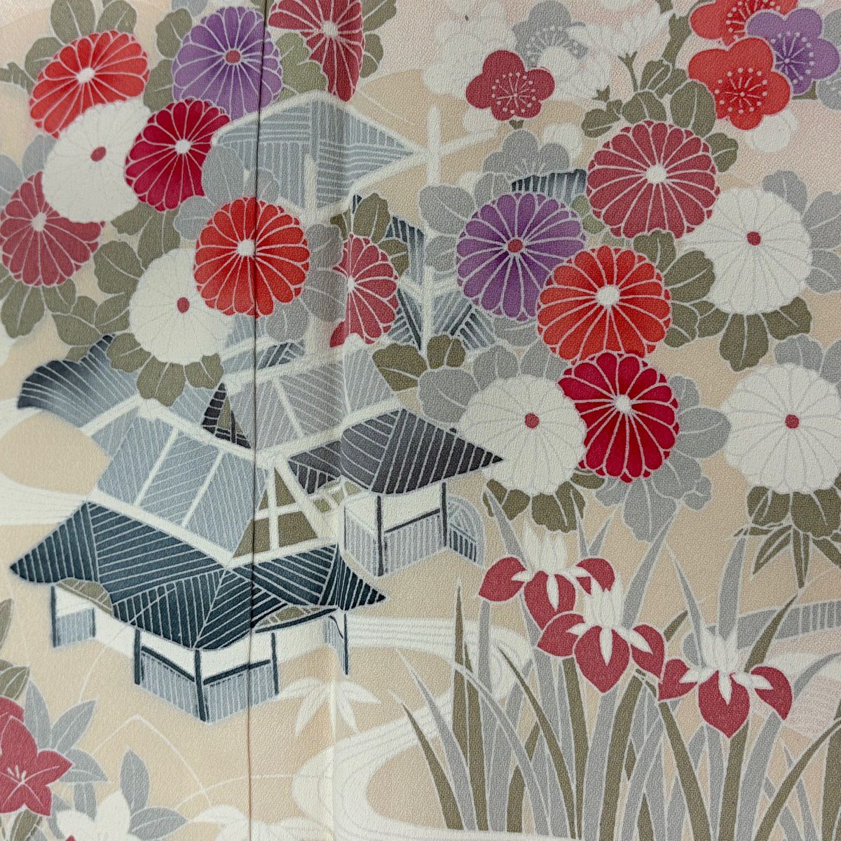 【美品】訪問服 身長163cm 袖長66cm M 雙層 家屋 松樹竹子梅花 染分 逐漸淡化 淺粉色 純蠶絲 優品級