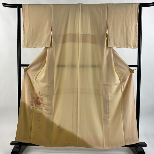 【美品】 付下 身長160.5cm 袖長62cm S 雙層 色紙 草花紋紋 相良刺繡 漸層 淺橙 純蠶絲 優品級