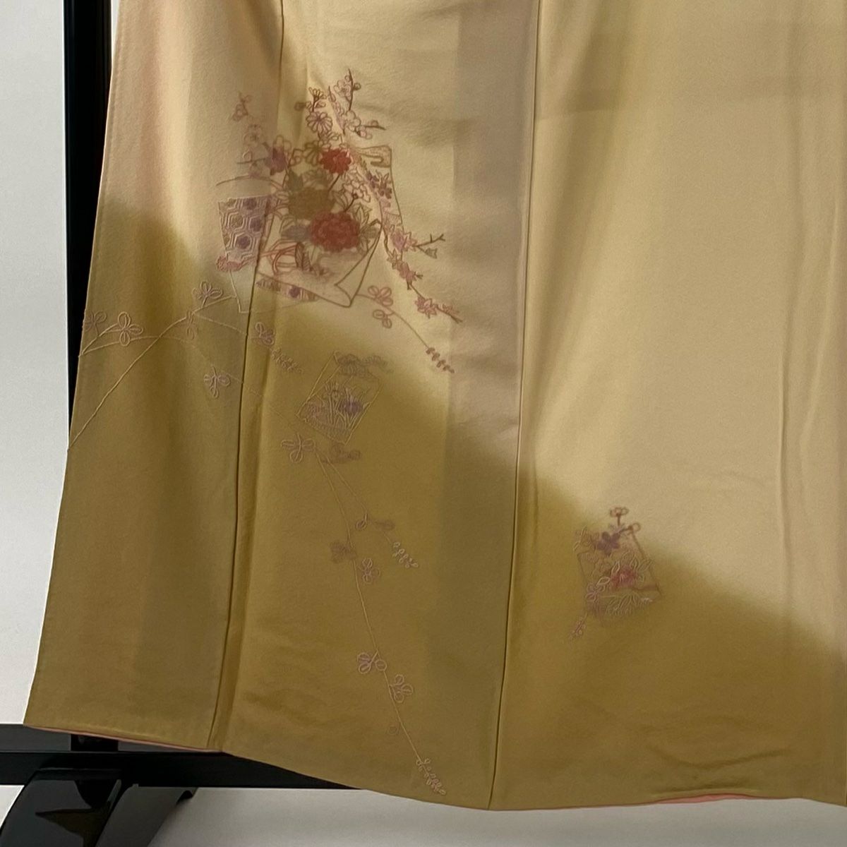 【美品】 付下 身長160.5cm 袖長62cm S 雙層 色紙 草花紋紋 相良刺繡 漸層 淺橙 純蠶絲 優品級