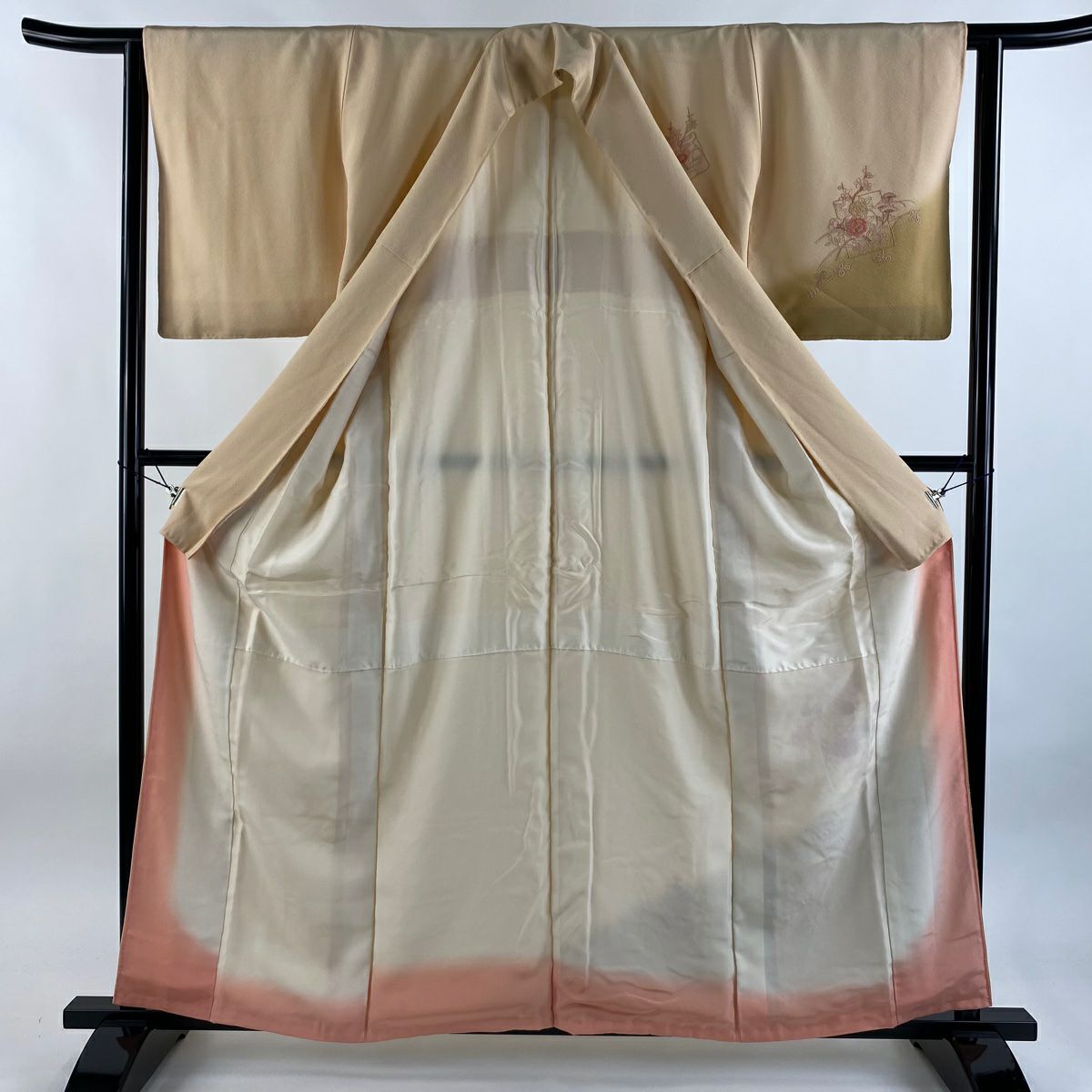 【美品】 付下 身長160.5cm 袖長62cm S 雙層 色紙 草花紋紋 相良刺繡 漸層 淺橙 純蠶絲 優品級