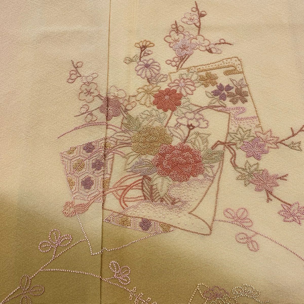 【美品】 付下 身長160.5cm 袖長62cm S 雙層 色紙 草花紋紋 相良刺繡 漸層 淺橙 純蠶絲 優品級