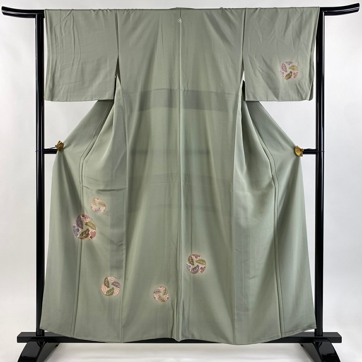 付下 身長156.5cm 袖長64cm M 雙層 花丸紋 櫻花 金絲 金銀彩 灰綠 純蠶絲 優品級 一個紋