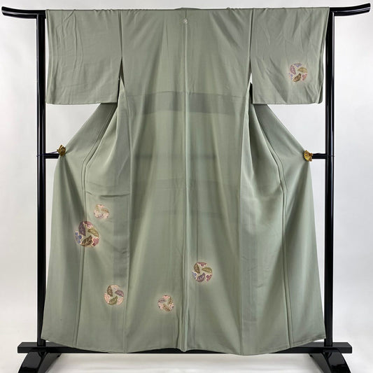 付下 身長156.5cm 袖長64cm M 雙層 花丸紋 櫻花 金絲 金銀彩 灰綠 純蠶絲 優品級 一個紋