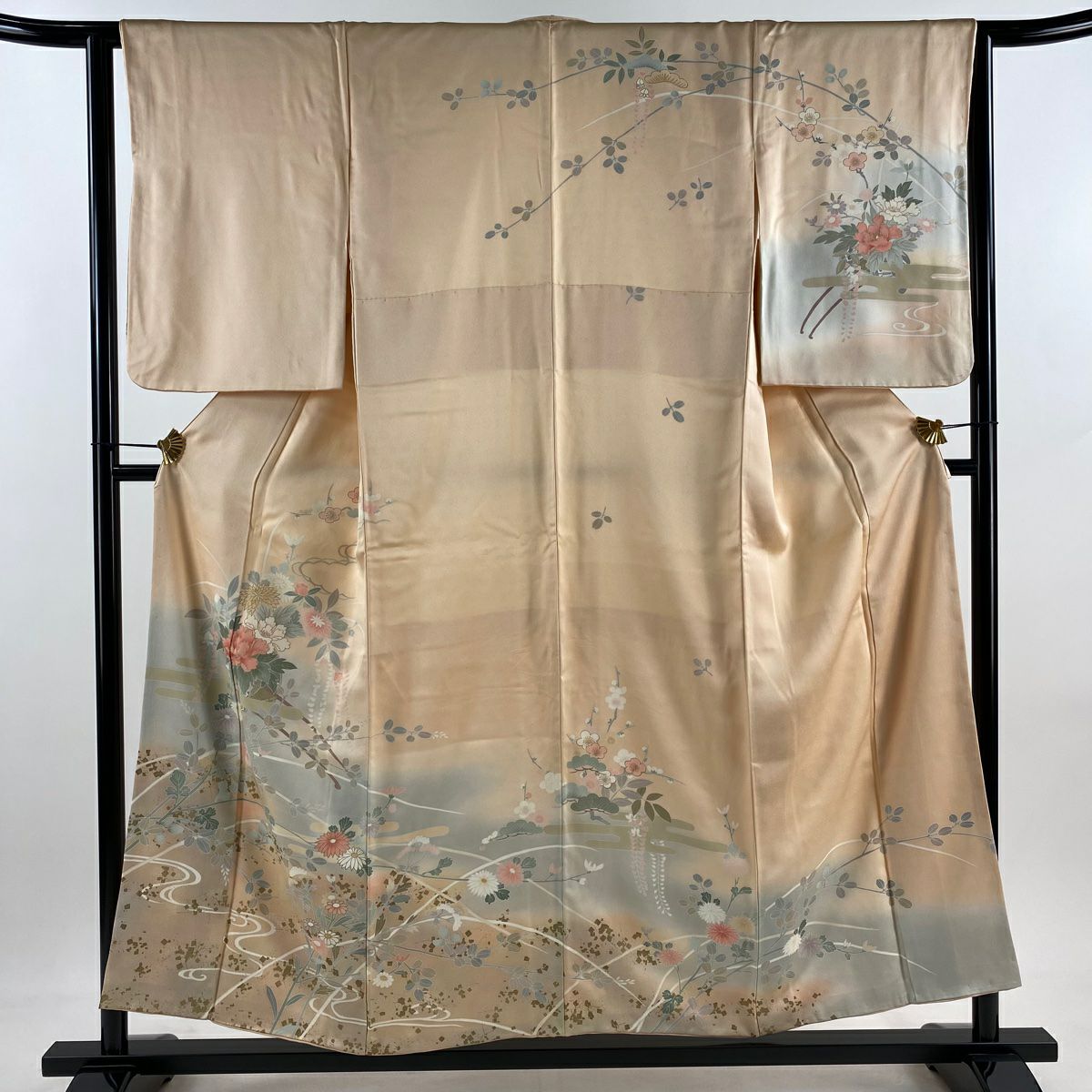 訪問服 身長154cm 袖長62cm S 雙層 花車 ヱ霞 金銀彩 染分 薄橙色 純蠶絲 秀品級