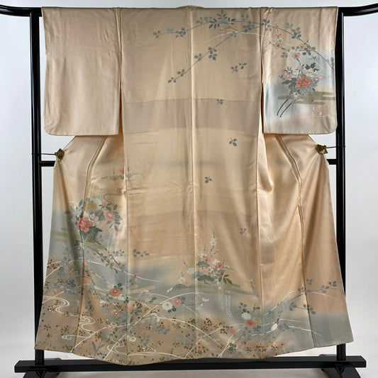 訪問服 身長154cm 袖長62cm S 雙層 花車 ヱ霞 金銀彩 染分 薄橙色 純蠶絲 秀品級
