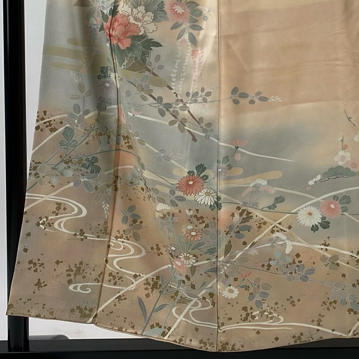 訪問服 身長154cm 袖長62cm S 雙層 花車 ヱ霞 金銀彩 染分 薄橙色 純蠶絲 秀品級