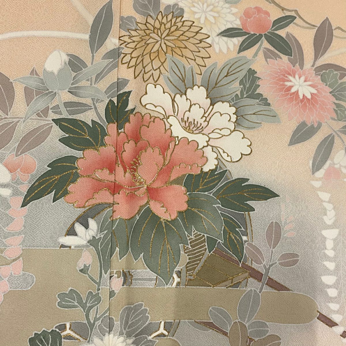 訪問服 身長154cm 袖長62cm S 雙層 花車 ヱ霞 金銀彩 染分 薄橙色 純蠶絲 秀品級