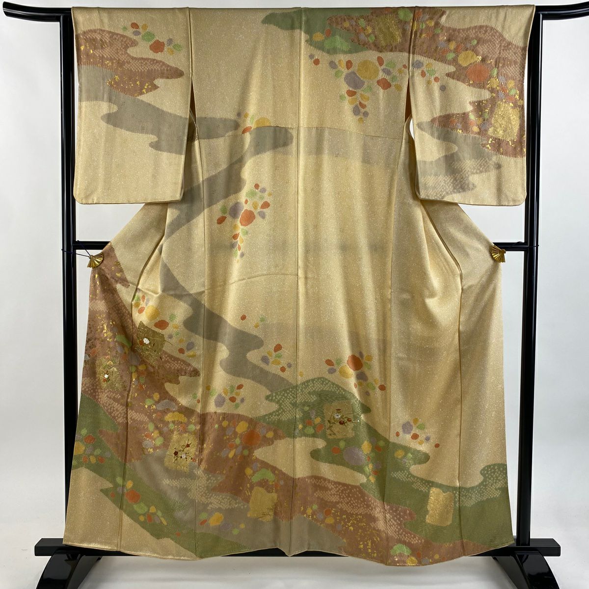訪問服 身長159.5cm 袖長64cm M 雙層 破れ色紙 草花紋紋 金彩裝飾 刺繡 淺橙色 純蠶絲 秀品級 一つ紋