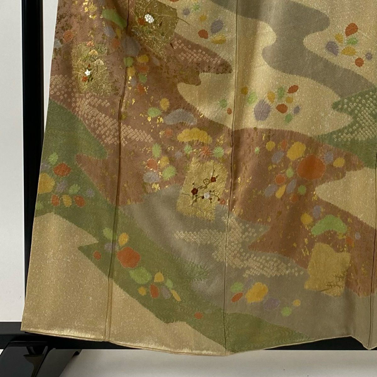 訪問服 身長159.5cm 袖長64cm M 雙層 破れ色紙 草花紋紋 金彩裝飾 刺繡 淺橙色 純蠶絲 秀品級 一つ紋