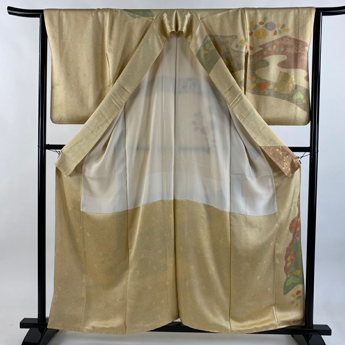 訪問服 身長159.5cm 袖長64cm M 雙層 破れ色紙 草花紋紋 金彩裝飾 刺繡 淺橙色 純蠶絲 秀品級 一つ紋