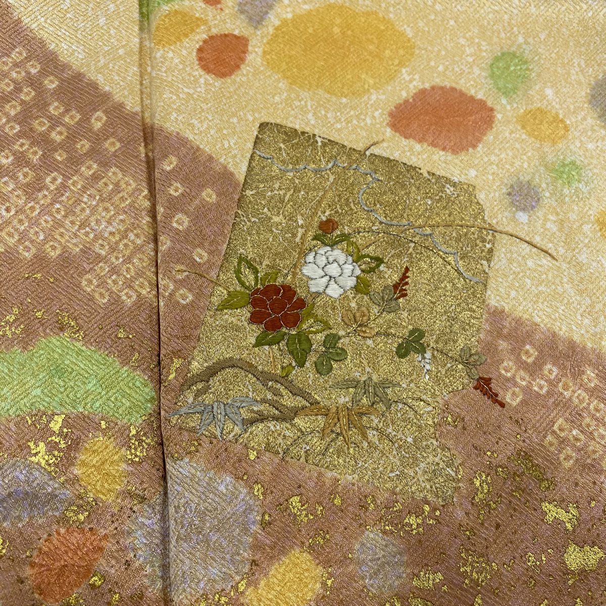 訪問服 身長159.5cm 袖長64cm M 雙層 破れ色紙 草花紋紋 金彩裝飾 刺繡 淺橙色 純蠶絲 秀品級 一つ紋