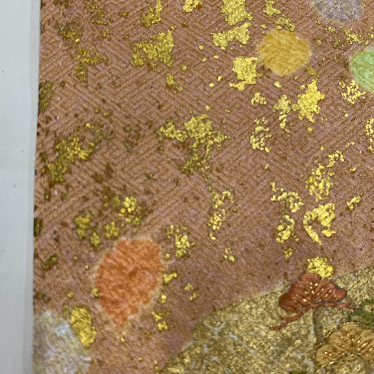 訪問服 身長159.5cm 袖長64cm M 雙層 破れ色紙 草花紋紋 金彩裝飾 刺繡 淺橙色 純蠶絲 秀品級 一つ紋