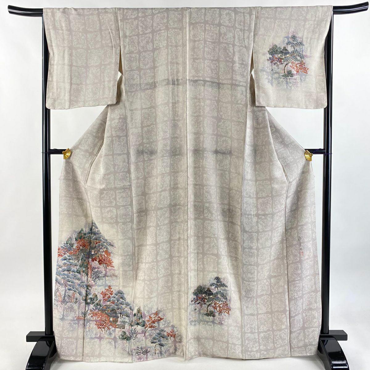 付下 身長168.5cm 袖長66.5cm M 雙層 落款 水車小屋 松樹 金銀彩 漸層 薄紫 純蠶絲 優品級