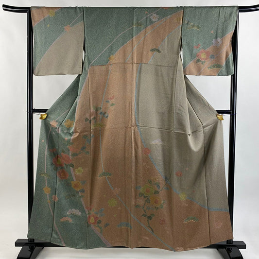 訪問服 身長160cm 袖長64cm M 雙層 椿 櫻花 金銀彩 灰綠 純蠶絲 秀品級
