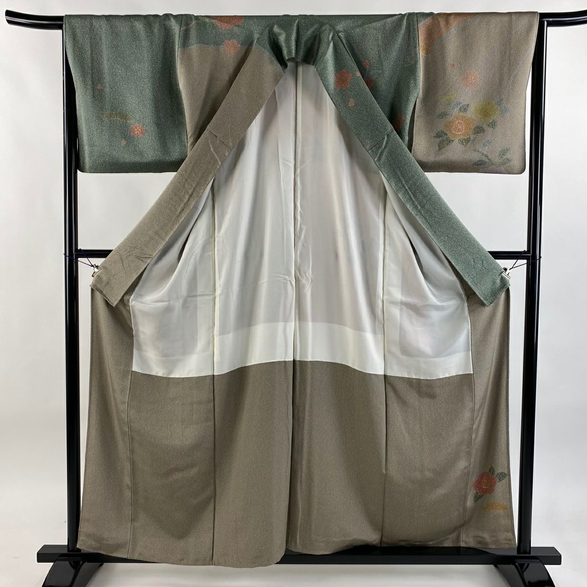 訪問服 身長160cm 袖長64cm M 雙層 椿 櫻花 金銀彩 灰綠 純蠶絲 秀品級