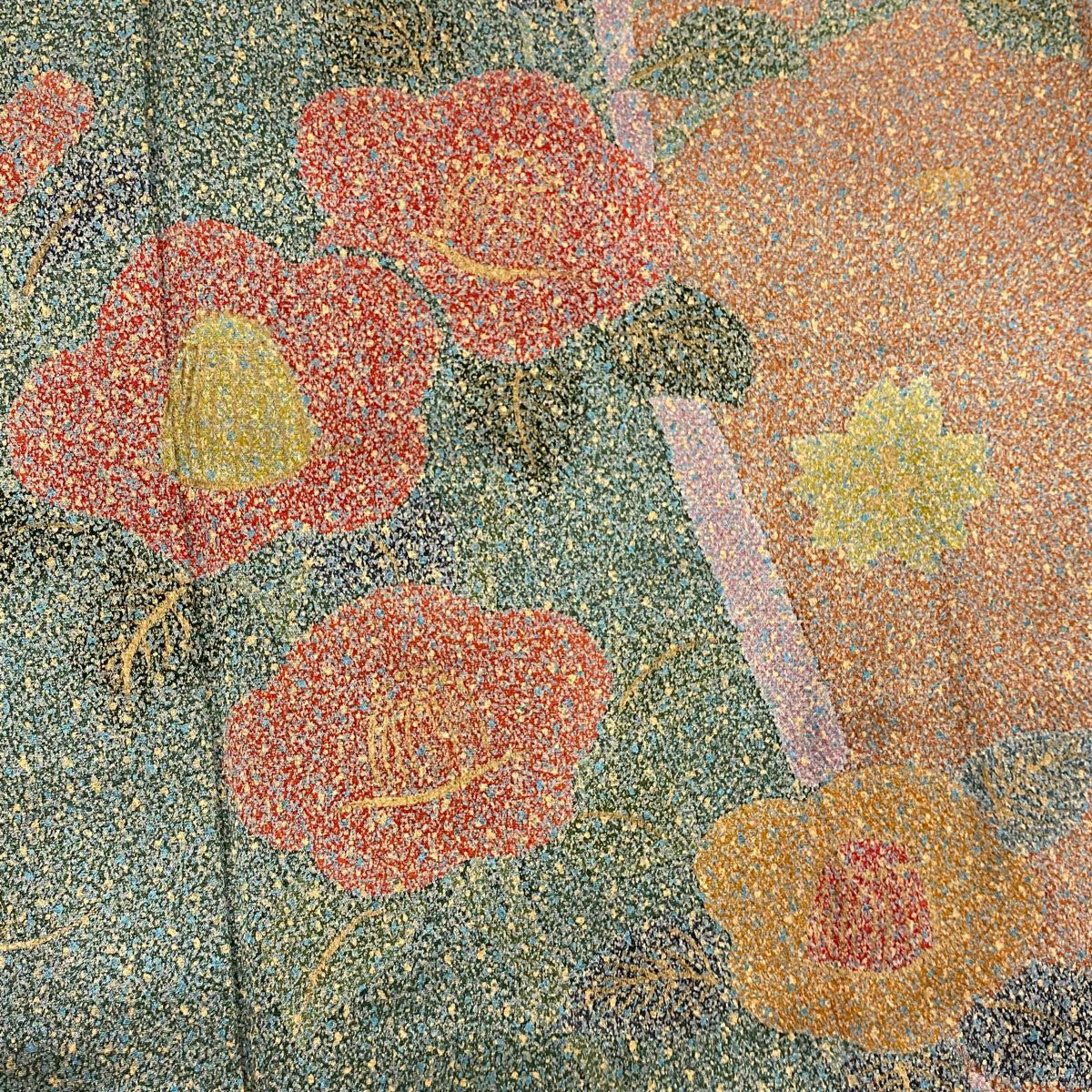 訪問服 身長160cm 袖長64cm M 雙層 椿 櫻花 金銀彩 灰綠 純蠶絲 秀品級