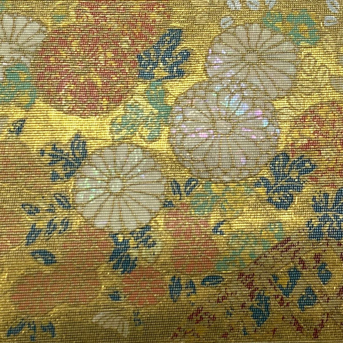 【美品】 袋帶 秀品級 菊花 松樹 金金箔 金色 大鼓圖案 純蠶絲