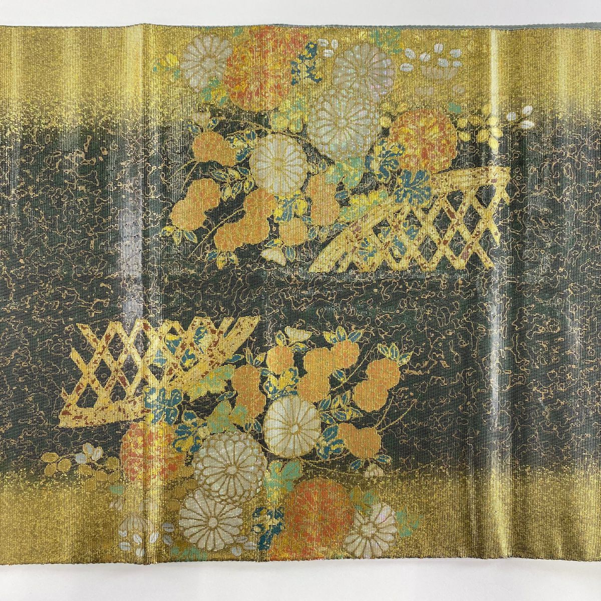 【美品】 袋帶 秀品級 菊花 松樹 金金箔 金色 大鼓圖案 純蠶絲