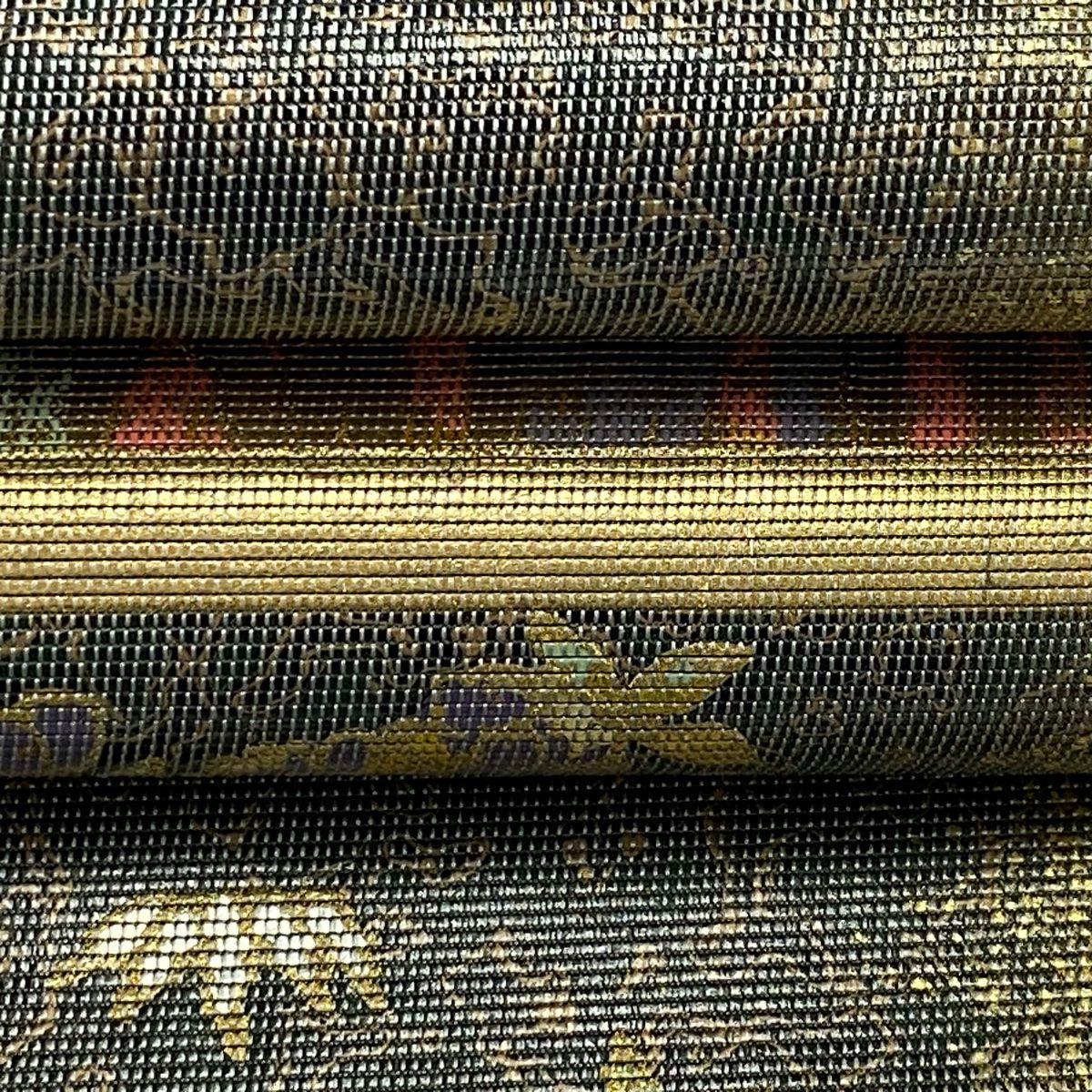 【美品】 袋帶 秀品級 菊花 松樹 金金箔 金色 大鼓圖案 純蠶絲