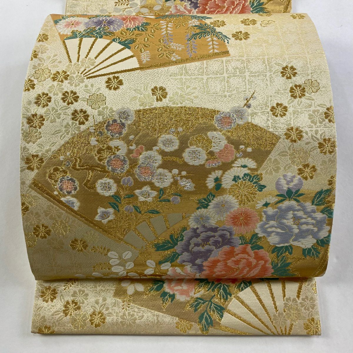【美品】 袋帶 秀品級 扇子 草花紋 金金箔 唐織 金色 六通 純蠶絲