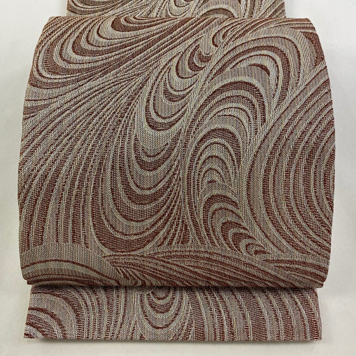 【美品】 袋帶 秀品級 波 幾何學圖案 銀線 茶 全通 純蠶絲