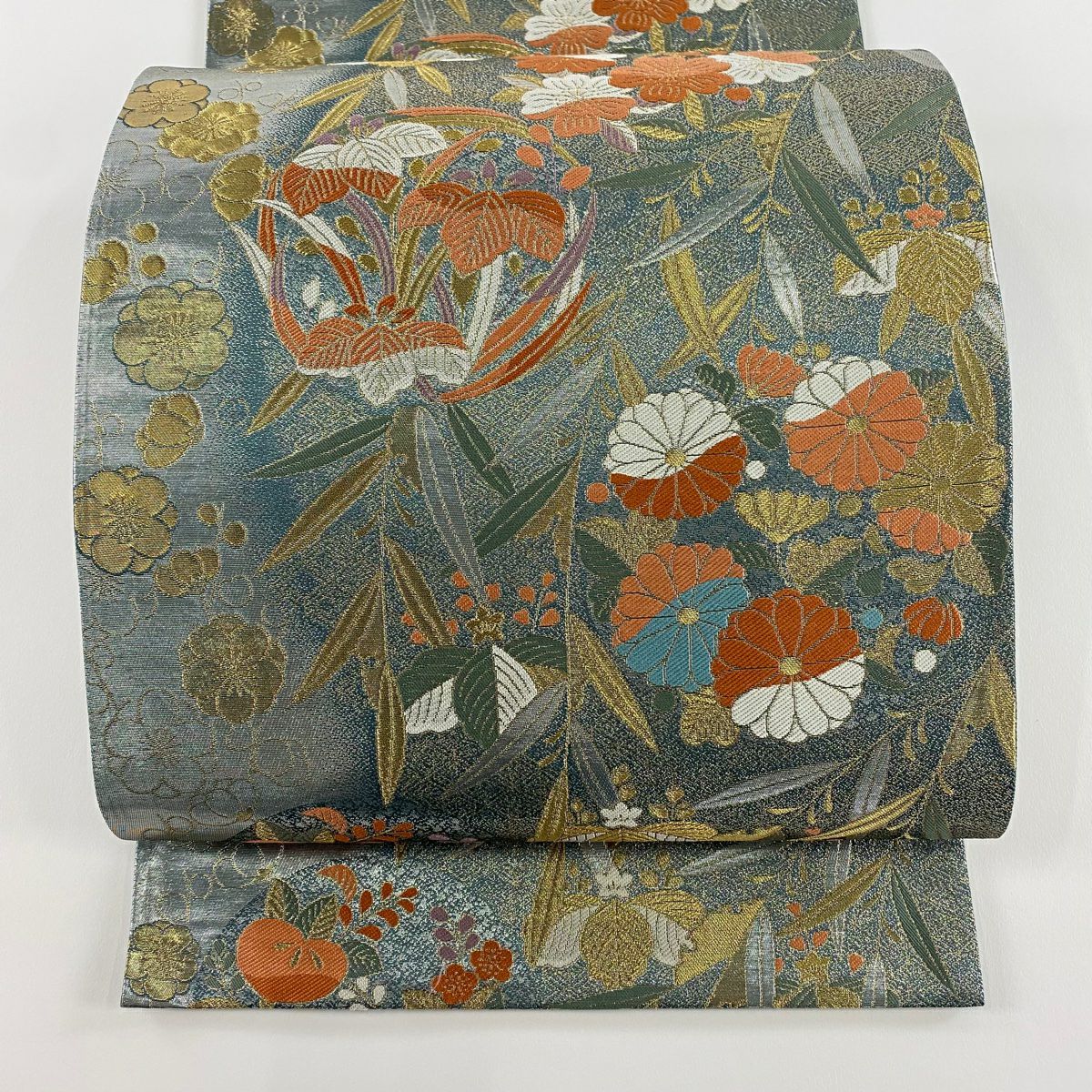 【美品】 袋帶 秀品級 菊花 桐 金金箔 金絲 灰色 六通 純蠶絲