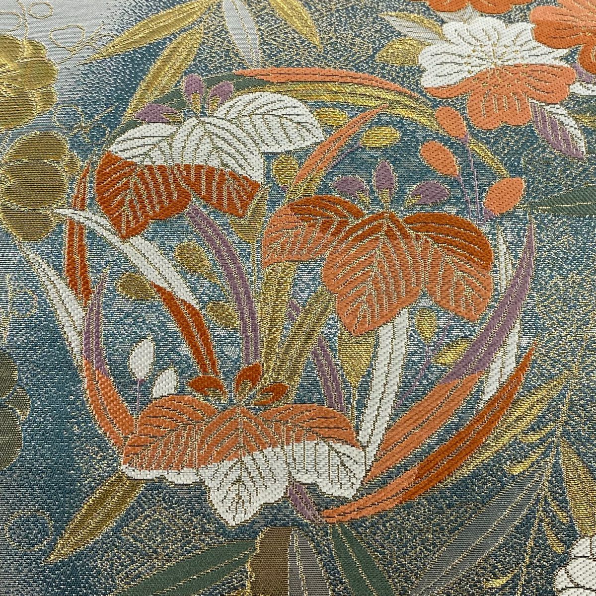 【美品】 袋帶 秀品級 菊花 桐 金金箔 金絲 灰色 六通 純蠶絲